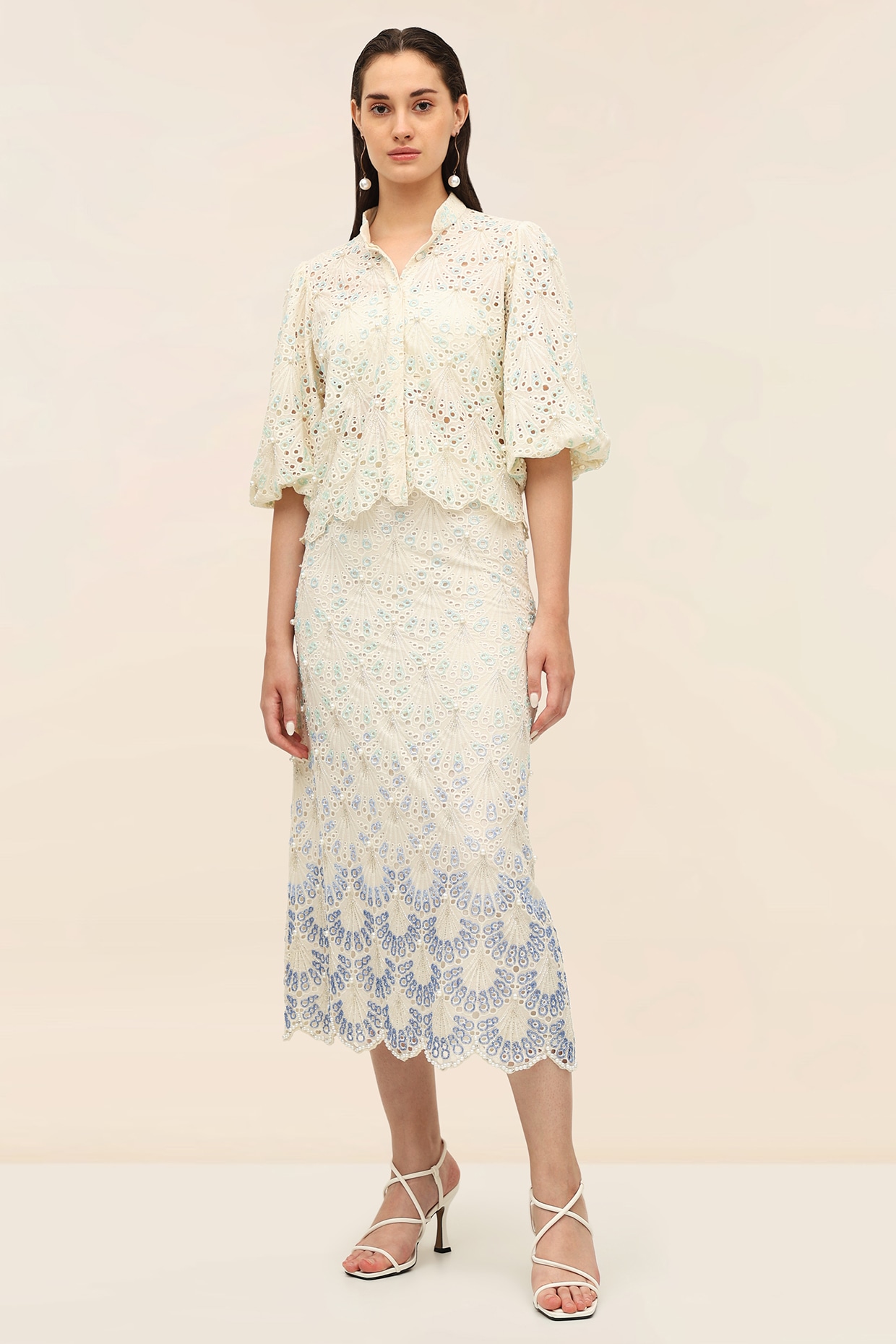 TANGERINE Oyster Ivory Schiffli Sea Shell Detailed Co-Ord Set