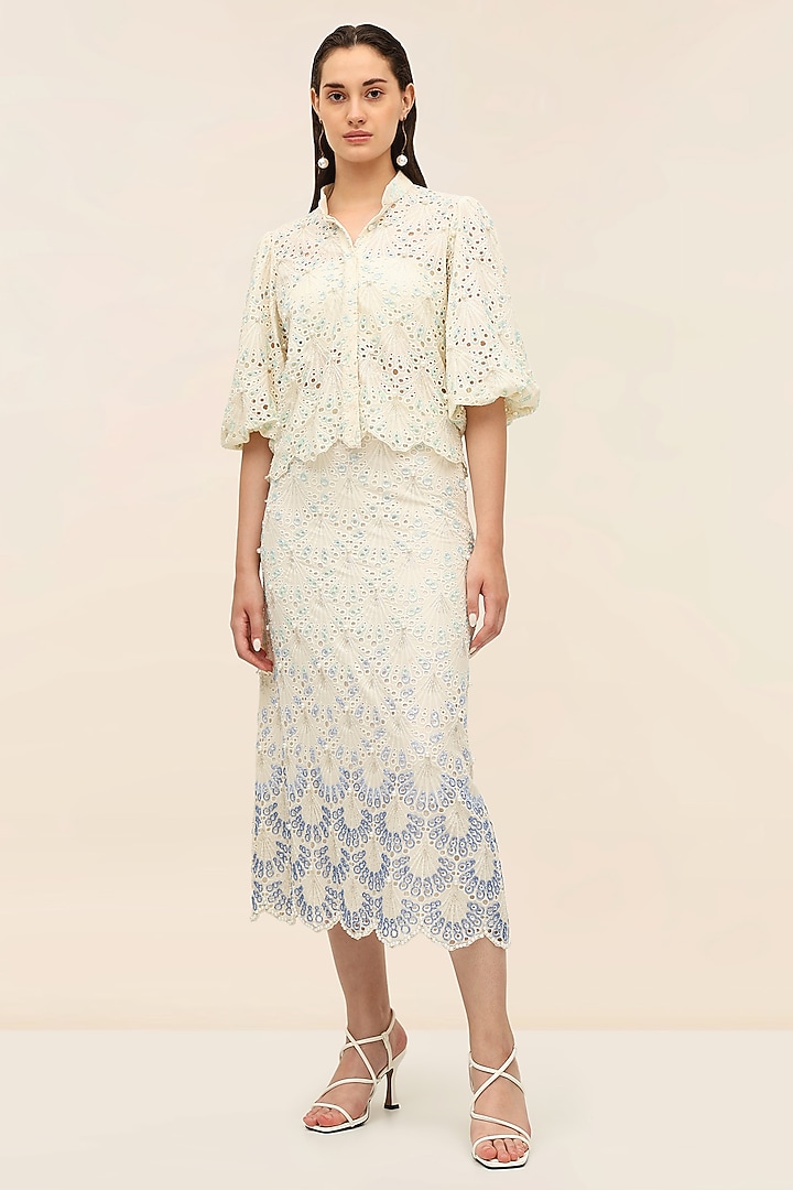 Oyster Ivory Schiffli Sea Shell Detailed Co-Ord Set by Taangerine Tiger at Pernia's Pop Up Shop