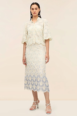 Oyster Ivory Schiffli Sea Shell Detailed Co-Ord Set by Taangerine Tiger