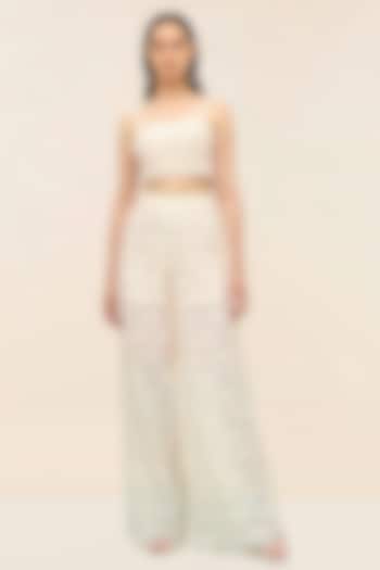 Oyster Ivory Schiffli Hand Embroidered Co-Ord Set by Taangerine Tiger at Pernia's Pop Up Shop