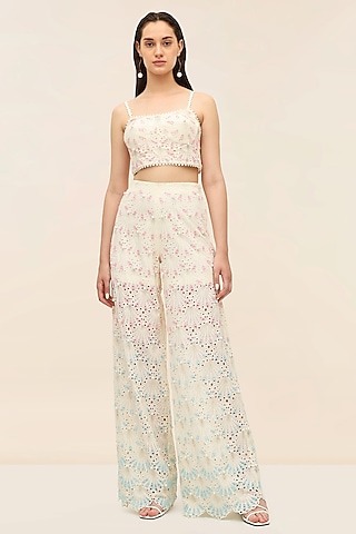 Oyster Ivory Schiffli Hand Embroidered Co-Ord Set by Taangerine Tiger