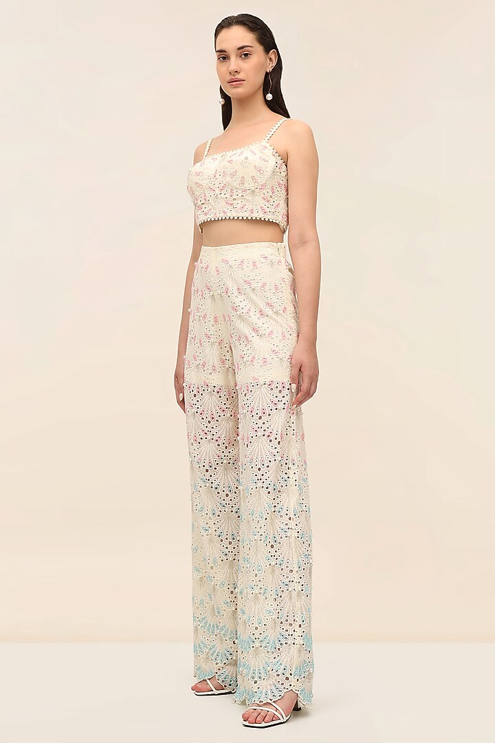 Oyster Ivory Schiffli Hand Embroidered Co-Ord Set by TANGERINE at Pernia's Pop Up Shop