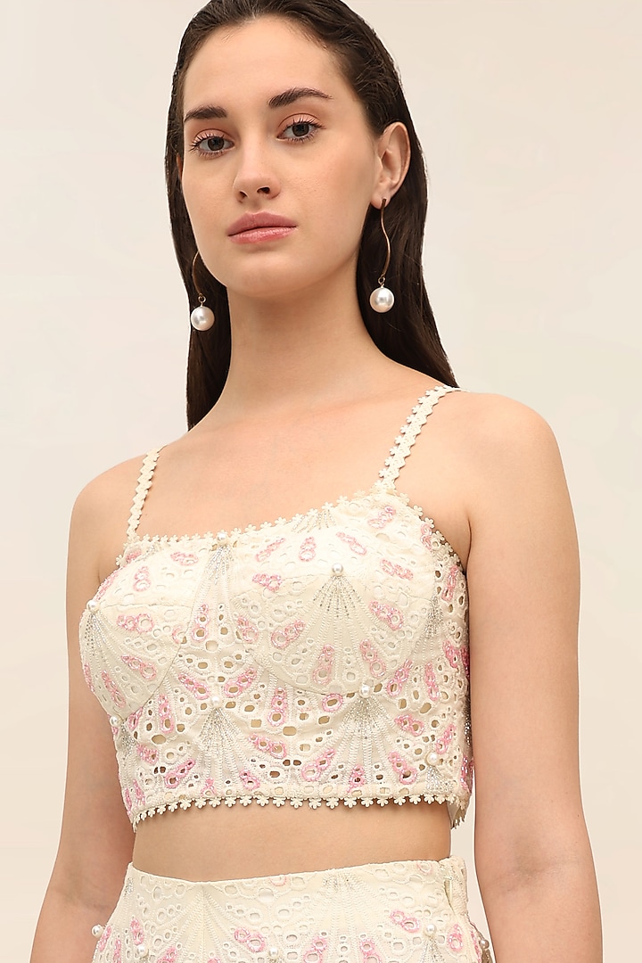 Oyster Ivory Schiffli Hand Embroidered Co-Ord Set by TANGERINE at Pernia's Pop Up Shop