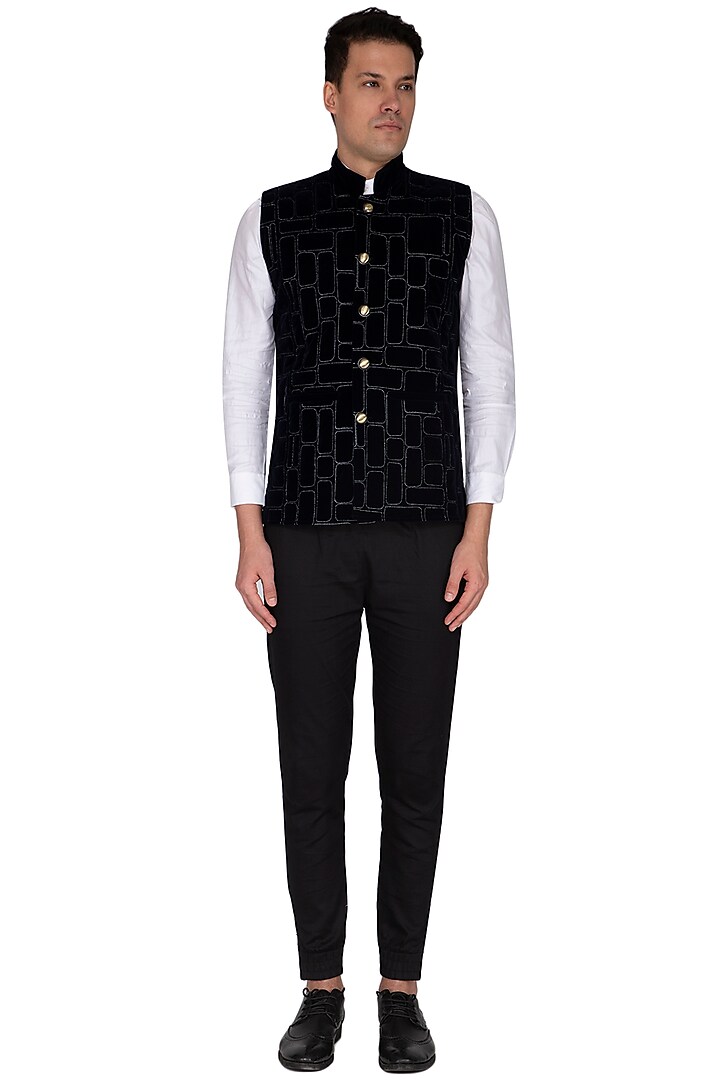 Navy Blue Embroidered Waistcoat by The Natty Garb