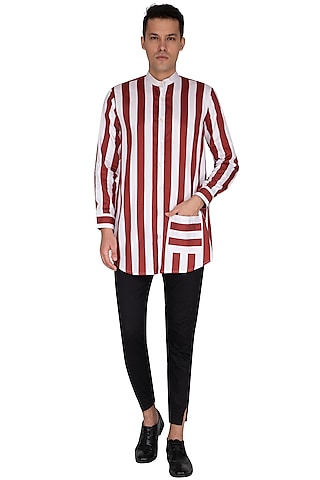 White & Maroon Striped Shirt by The Natty Garb
