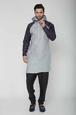 Grey & Cobalt Blue Kurta With A Hood by The Natty Garb