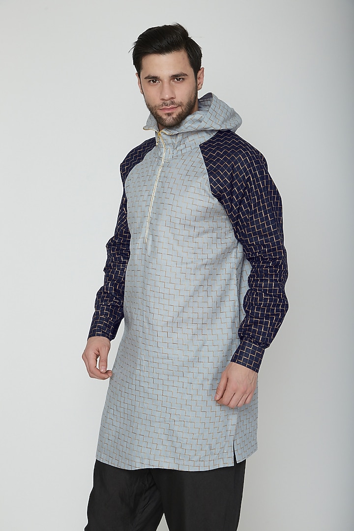 Grey & Cobalt Blue Kurta With A Hood by The Natty Garb at Pernia's Pop Up Shop
