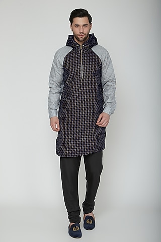 Cobalt Blue & Grey Kurta With A Hood by The Natty Garb