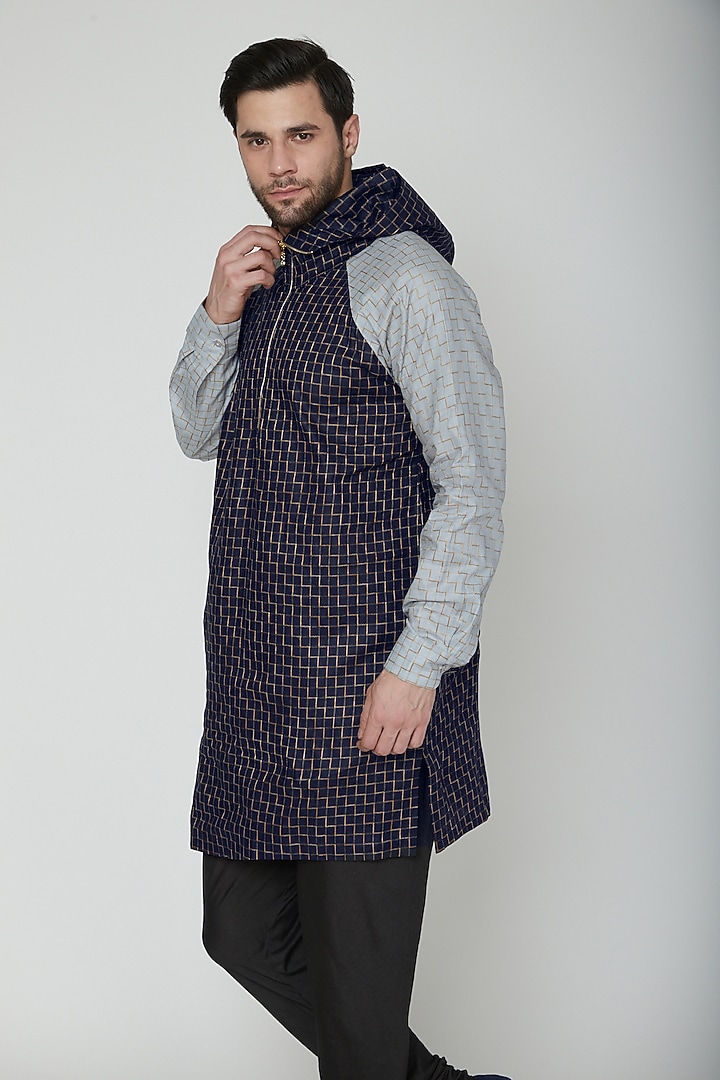 Cobalt Blue & Grey Kurta With A Hood by The Natty Garb at Pernia's Pop Up Shop