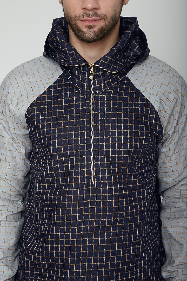 Cobalt Blue & Grey Kurta With A Hood by The Natty Garb at Pernia's Pop Up Shop