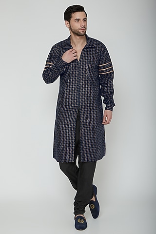 Cobalt Blue & Gold Front Slit Kurta by The Natty Garb