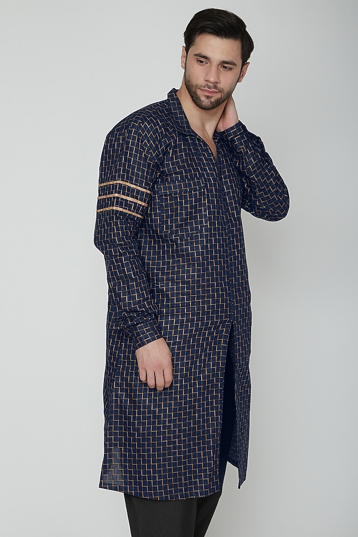 Cobalt Blue & Gold Front Slit Kurta by The Natty Garb at Pernia's Pop Up Shop
