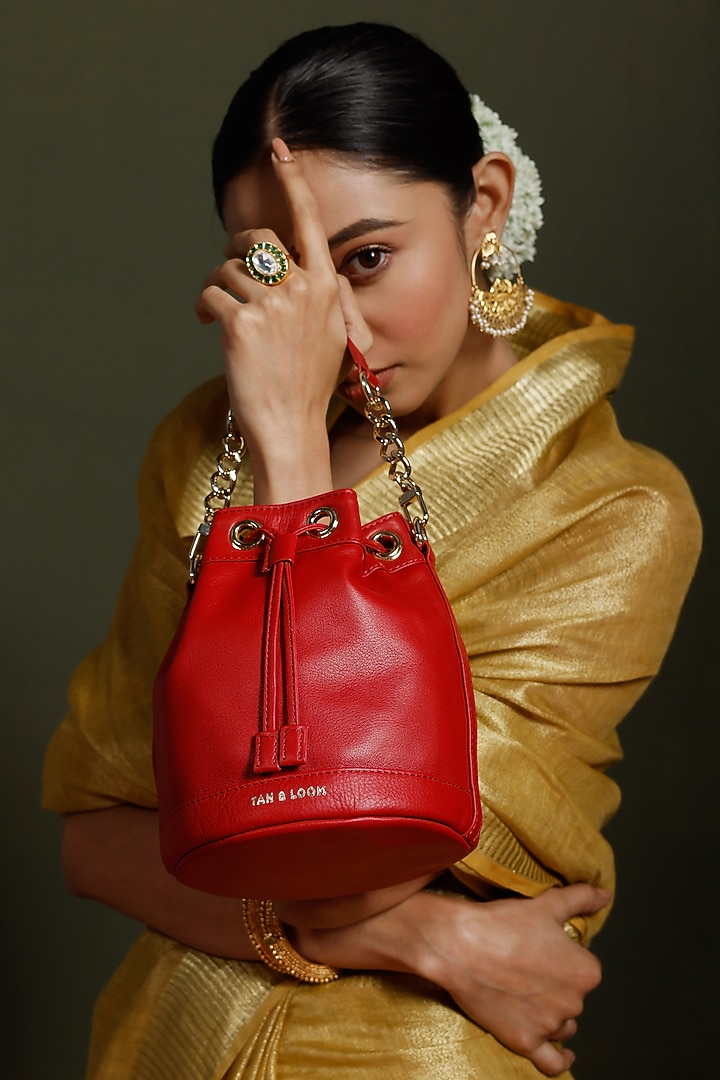 Red Leather Bucket Bag by Tan and Loom at Pernia's Pop Up Shop