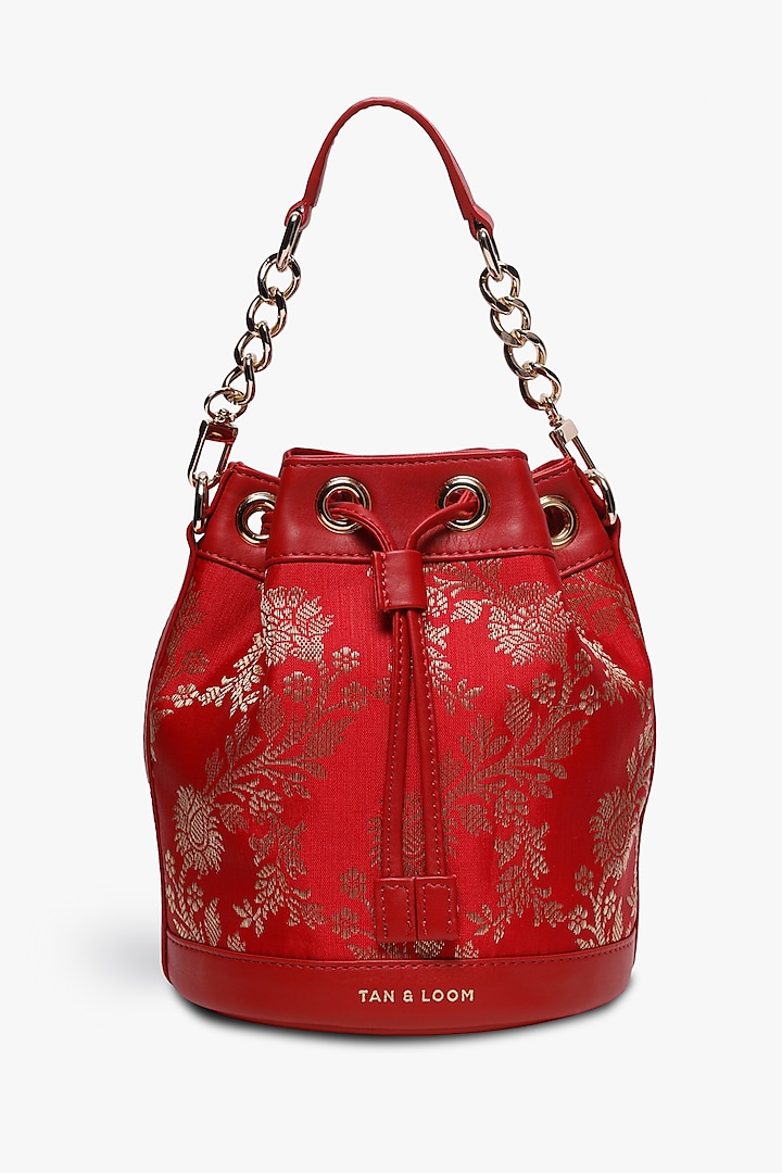 Red Leather & Brocade Bucket Bag by Tan and Loom