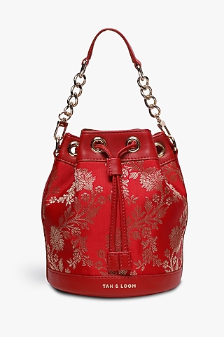 Red Leather & Brocade Bucket Bag by Tan and Loom