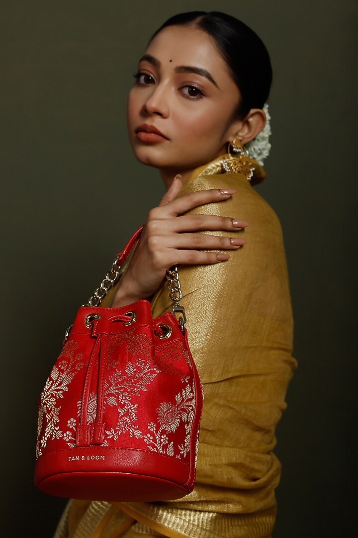 Red Leather & Brocade Bucket Bag by Tan and Loom at Pernia's Pop Up Shop