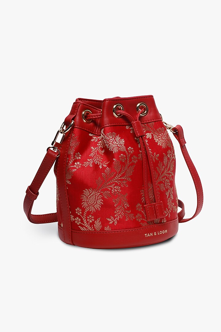 Red Leather & Brocade Bucket Bag by Tan and Loom at Pernia's Pop Up Shop