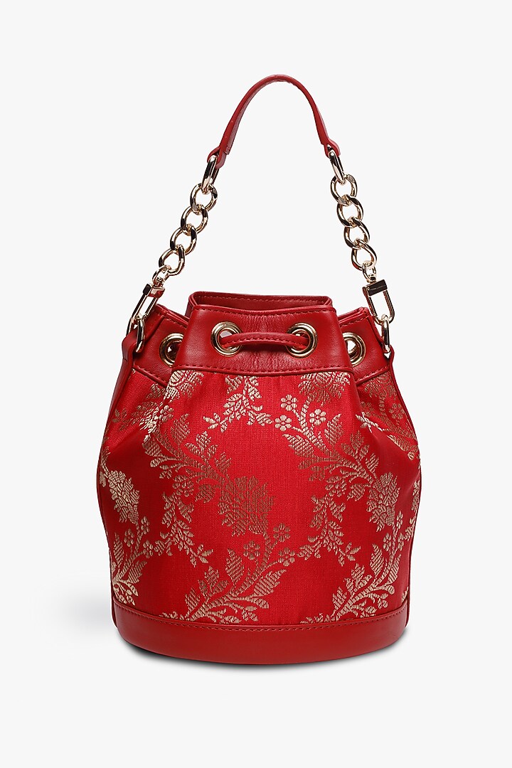 Red Leather & Brocade Bucket Bag by Tan and Loom at Pernia's Pop Up Shop