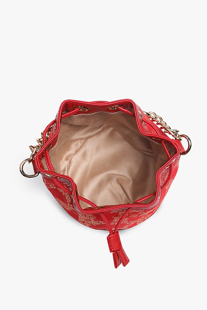 Red Leather & Brocade Bucket Bag by Tan and Loom at Pernia's Pop Up Shop