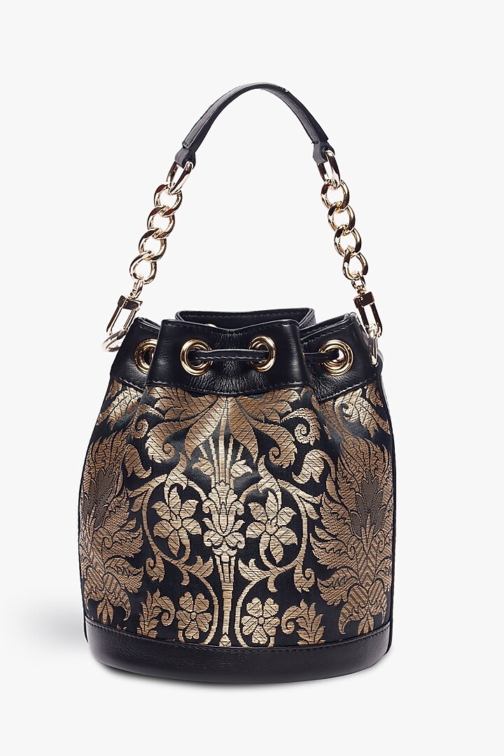 Black Leather & Brocade Bucket Bag by Tan and Loom at Pernia's Pop Up Shop