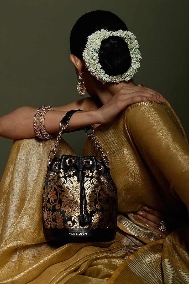 Black Leather & Brocade Bucket Bag by Tan and Loom at Pernia's Pop Up Shop