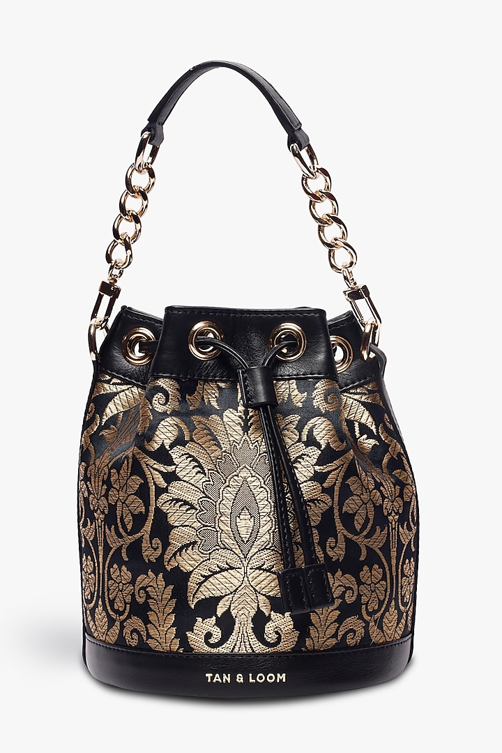 Black Leather & Brocade Bucket Bag by Tan and Loom