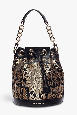 Black Leather & Brocade Bucket Bag by Tan and Loom