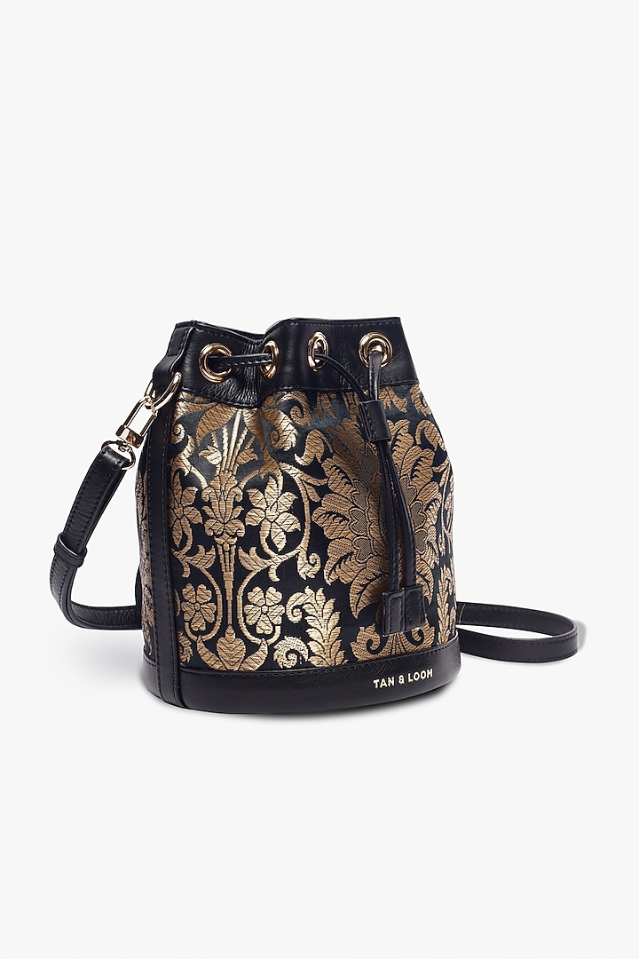 Black Leather & Brocade Bucket Bag by Tan and Loom at Pernia's Pop Up Shop