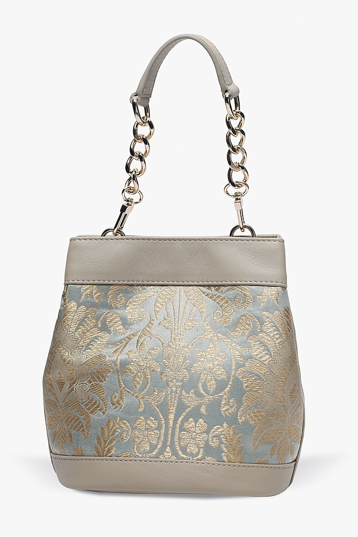 Misty Mint Leather & Brocade Batua Bag by Tan and Loom at Pernia's Pop Up Shop
