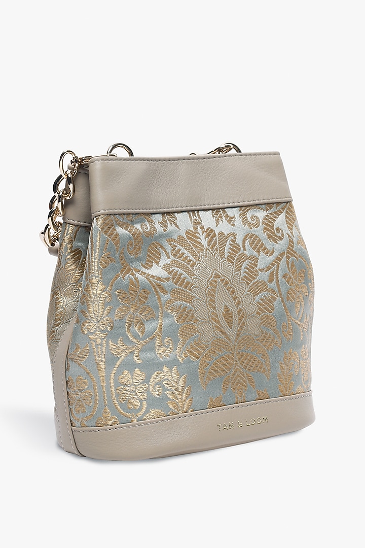 Misty Mint Leather & Brocade Batua Bag by Tan and Loom at Pernia's Pop Up Shop