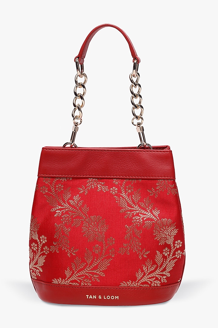 Red Leather & Brocade Batua Bag by Tan and Loom