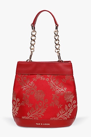 Red Leather & Brocade Batua Bag by Tan and Loom