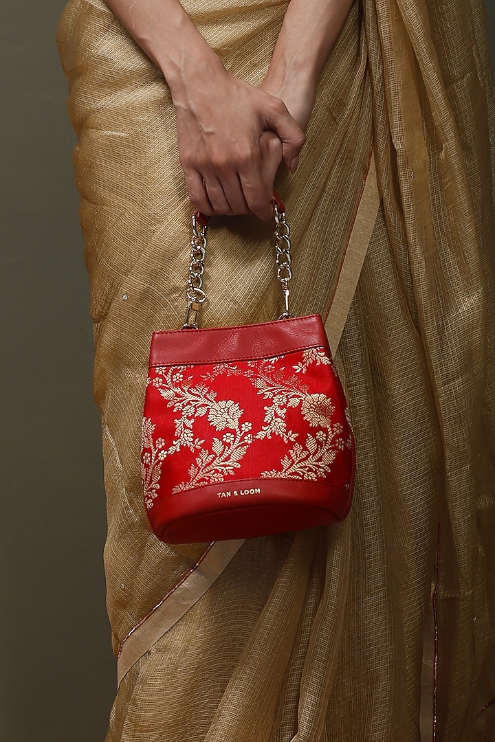 Red Leather & Brocade Batua Bag by Tan and Loom at Pernia's Pop Up Shop