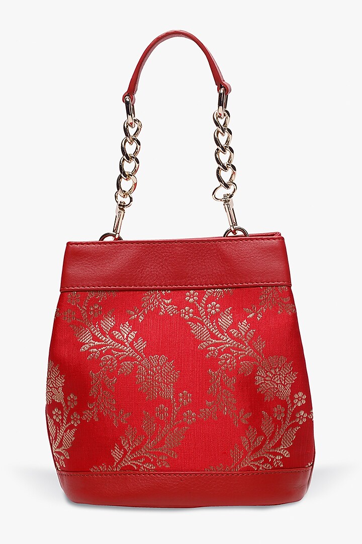 Red Leather & Brocade Batua Bag by Tan and Loom at Pernia's Pop Up Shop