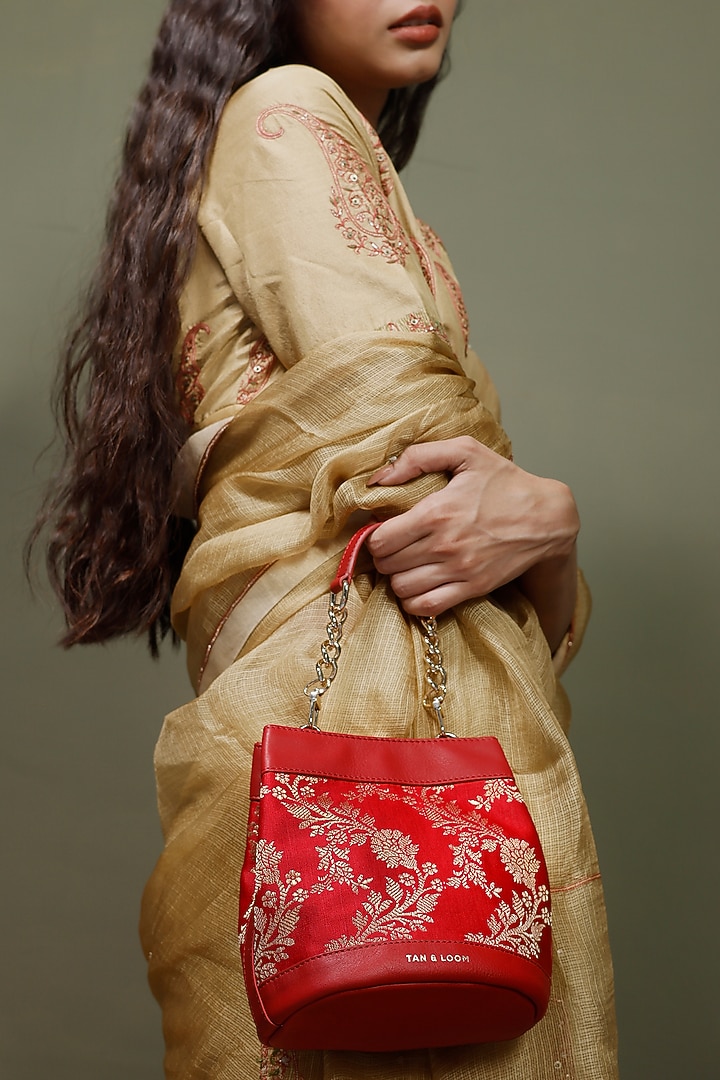 Red Leather & Brocade Batua Bag by Tan and Loom at Pernia's Pop Up Shop