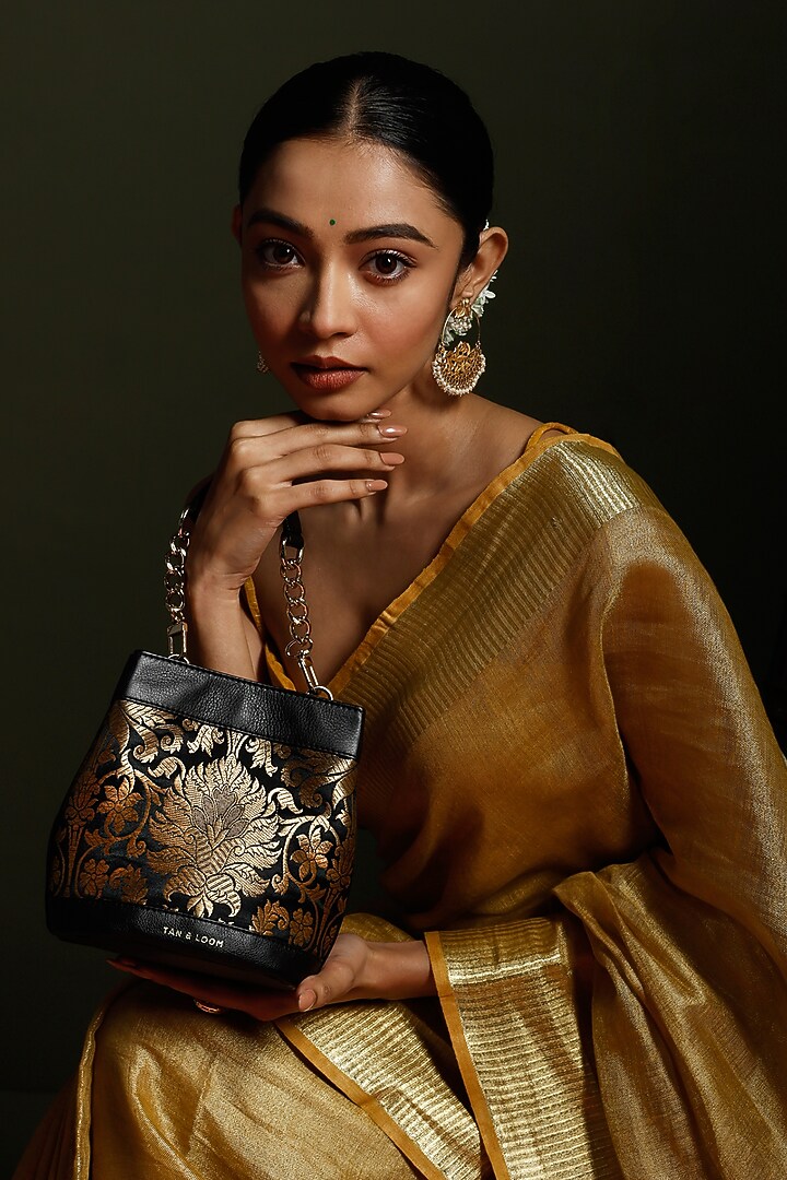 Black Leather & Brocade Batua Bag by Tan and Loom at Pernia's Pop Up Shop