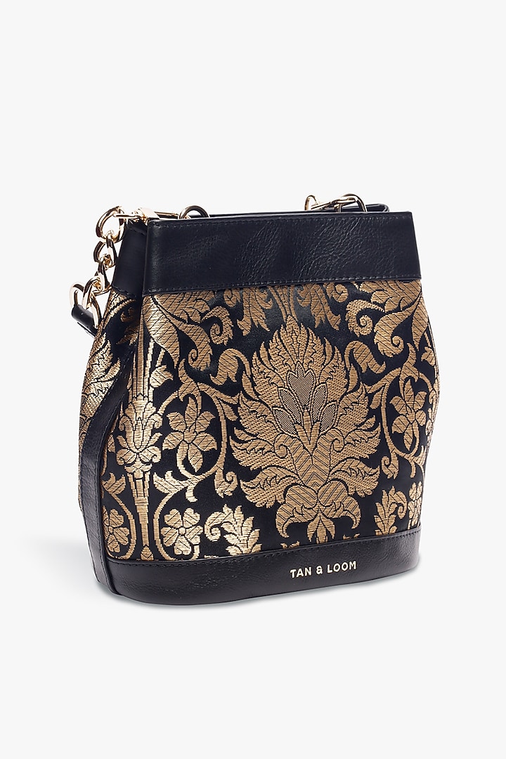 Black Leather & Brocade Batua Bag by Tan and Loom at Pernia's Pop Up Shop