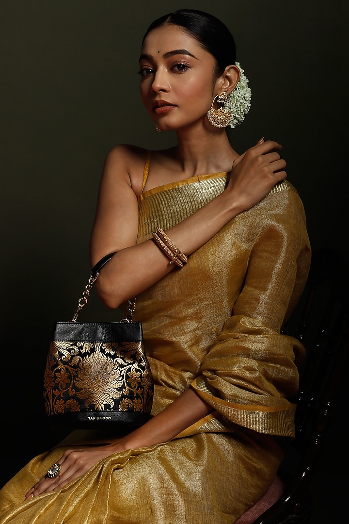 Black Leather & Brocade Batua Bag by Tan and Loom at Pernia's Pop Up Shop