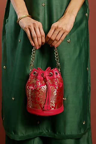 Pink Genuine Leather & Banarasi Brocade Bucket Bag by Tan and Loom
