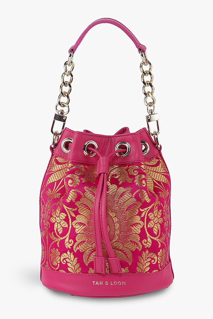 Pink Genuine Leather & Banarasi Brocade Bucket Bag by Tan and Loom at Pernia's Pop Up Shop