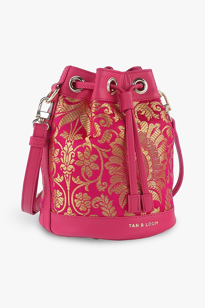 Pink Genuine Leather & Banarasi Brocade Bucket Bag by Tan and Loom at Pernia's Pop Up Shop