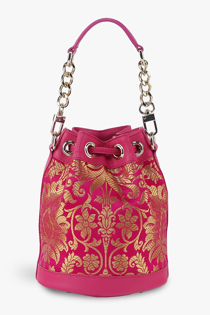 Pink Genuine Leather & Banarasi Brocade Bucket Bag by Tan and Loom at Pernia's Pop Up Shop