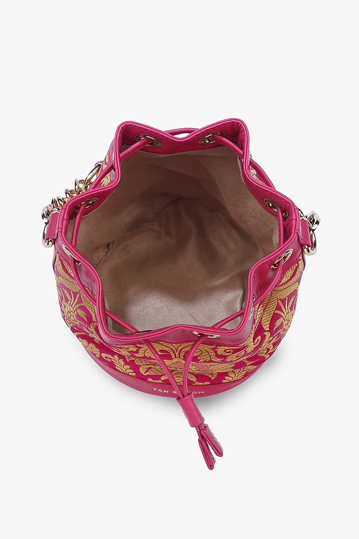 Pink Genuine Leather & Banarasi Brocade Bucket Bag by Tan and Loom at Pernia's Pop Up Shop