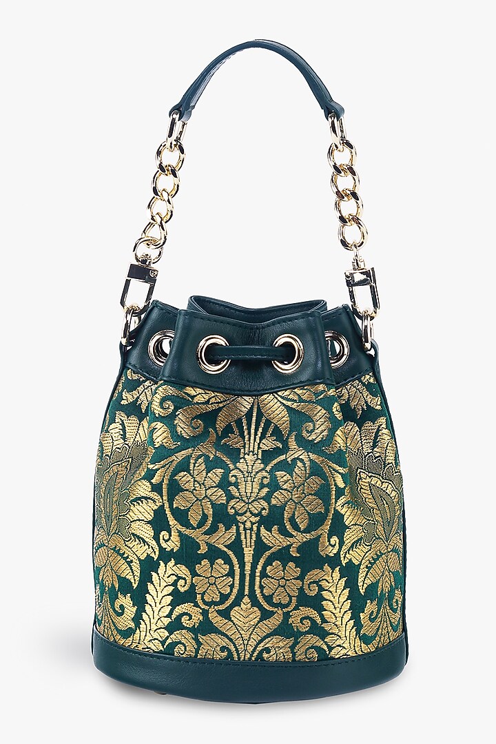 Green Genuine Leather & Banarasi Brocade Bucket Bag by Tan and Loom at Pernia's Pop Up Shop