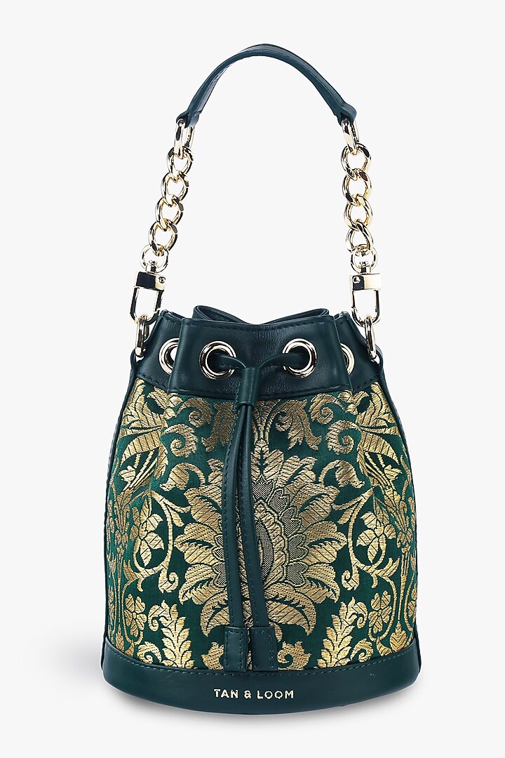 Green Genuine Leather & Banarasi Brocade Bucket Bag by Tan and Loom at Pernia's Pop Up Shop