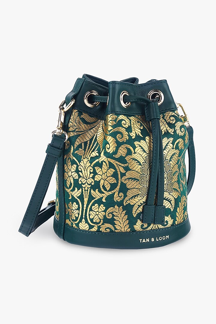 Green Genuine Leather & Banarasi Brocade Bucket Bag by Tan and Loom at Pernia's Pop Up Shop