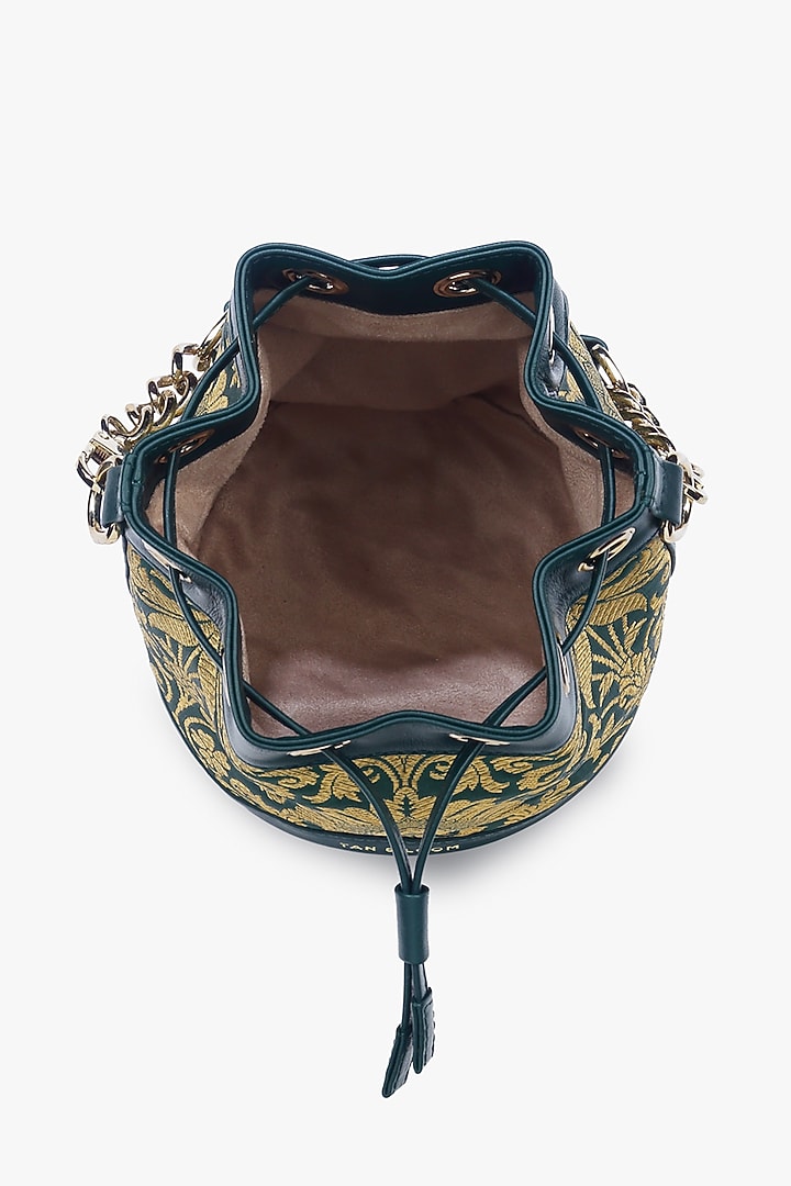 Green Genuine Leather & Banarasi Brocade Bucket Bag by Tan and Loom at Pernia's Pop Up Shop