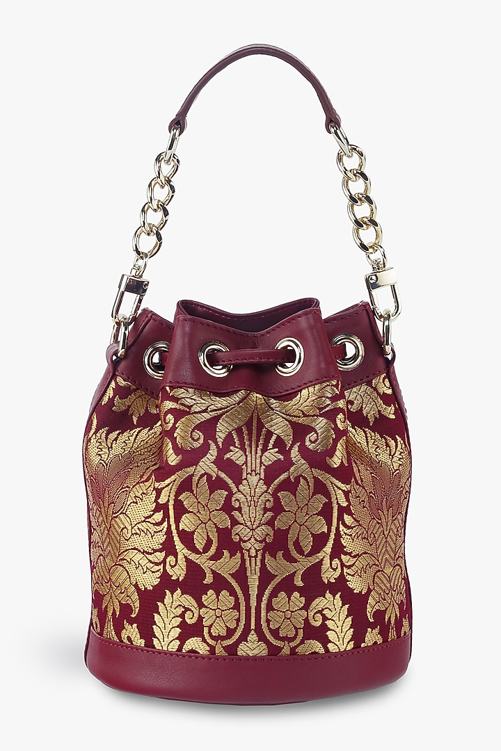 Maroon Genuine Leather & Banarasi Brocade Bucket Bag by Tan and Loom at Pernia's Pop Up Shop