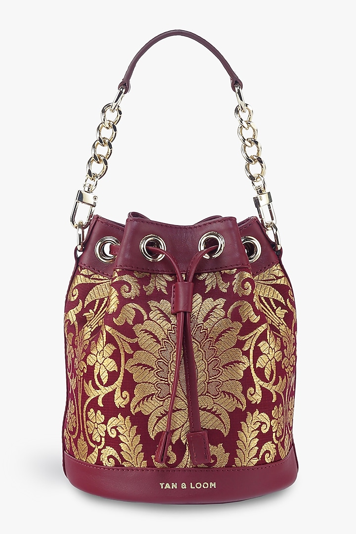 Maroon Genuine Leather & Banarasi Brocade Bucket Bag by Tan and Loom at Pernia's Pop Up Shop