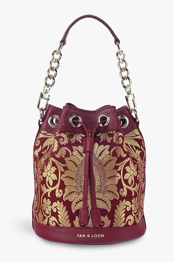 Maroon Genuine Leather & Banarasi Brocade Bucket Bag by Tan and Loom at Pernia's Pop Up Shop